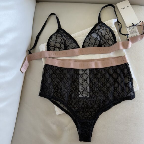 NWT GUCCI LINGERIE SET BLACK LACE GG SZ M 100% Authentic - Picture 2 of 9